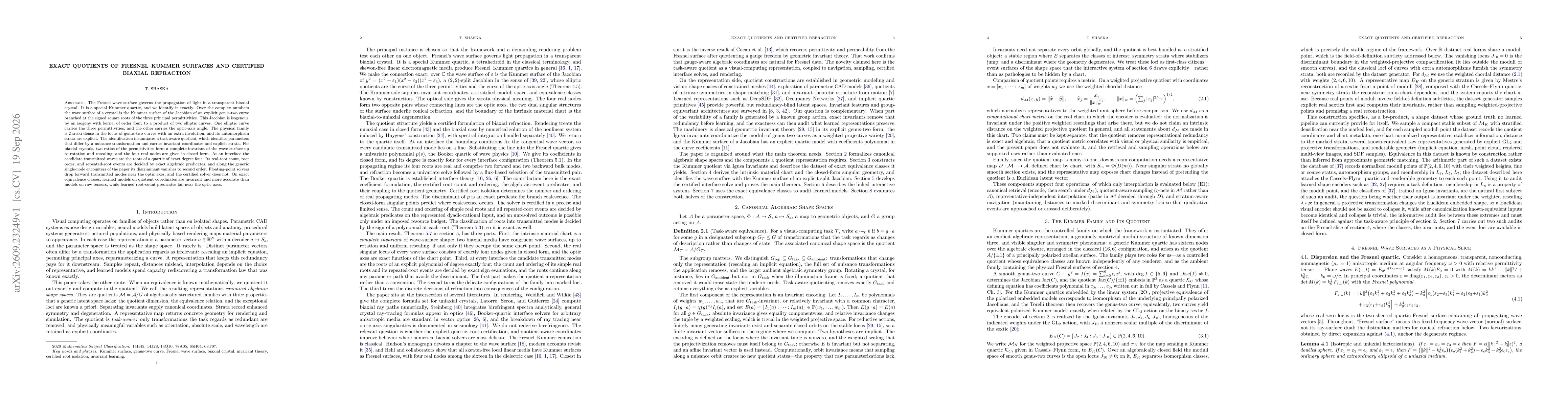 Thumbnail for Exact Quotients of Fresnel-Kummer Surfaces and Certified Biaxial Refraction