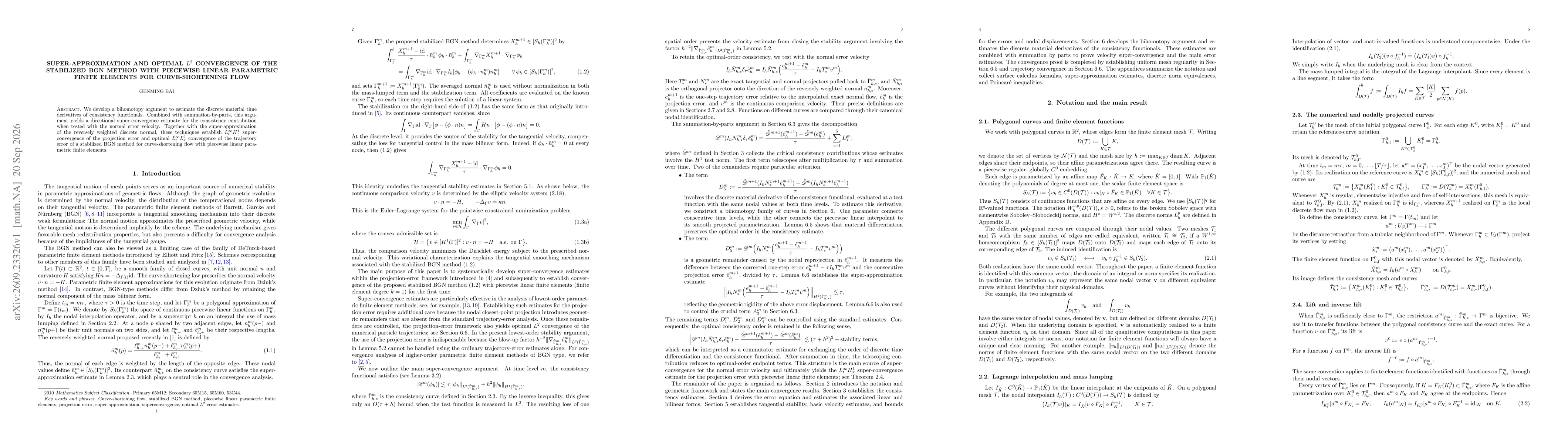 Thumbnail for Super-approximation and optimal $L^2$ convergence of the stabilized BGN method with piecewise linear parametric finite elements for curve-shortening flow