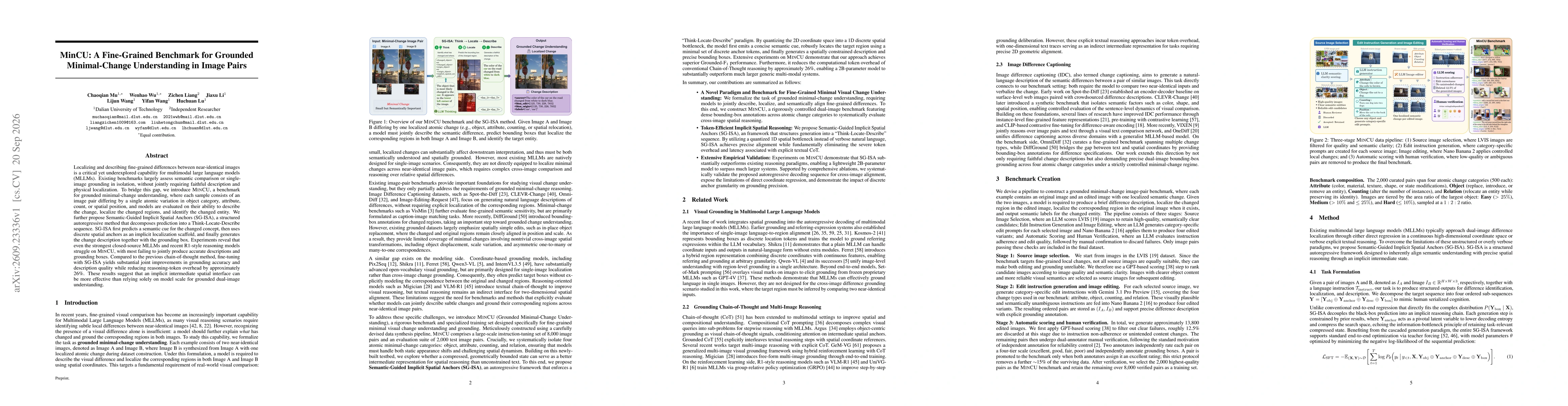 Thumbnail for MinCU: A Fine-Grained Benchmark for Grounded Minimal-Change Understanding in Image Pairs
