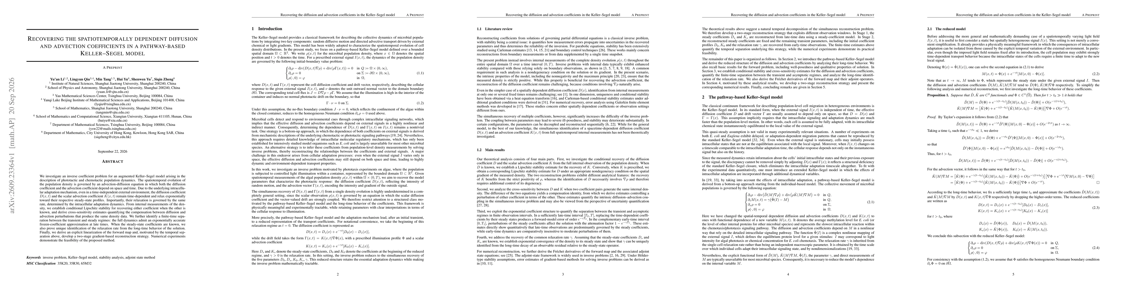 Thumbnail for Recovering the spatiotemporally dependent diffusion and advection coefficients in a pathway-based Keller--Segel model