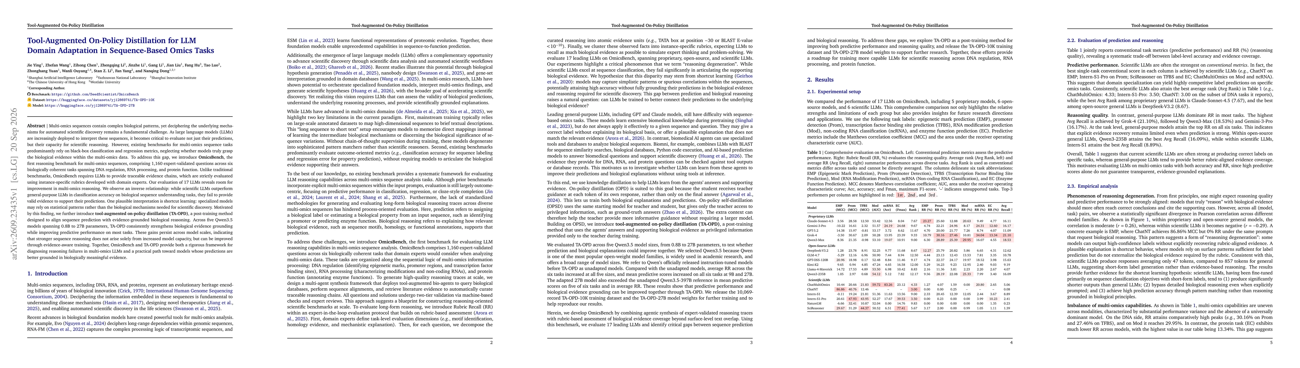 Thumbnail for Tool-Augmented On-Policy Distillation for LLM Domain Adaptation in Sequence-Based Omics Tasks