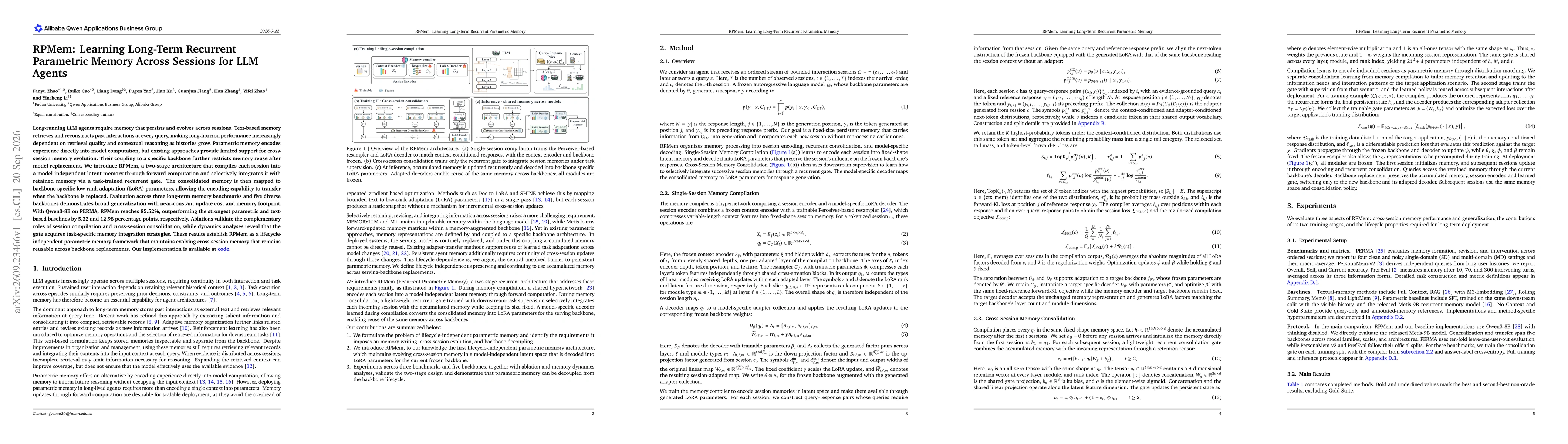 Thumbnail for RPMem: Learning Long-Term Recurrent Parametric Memory Across Sessions for LLM Agents