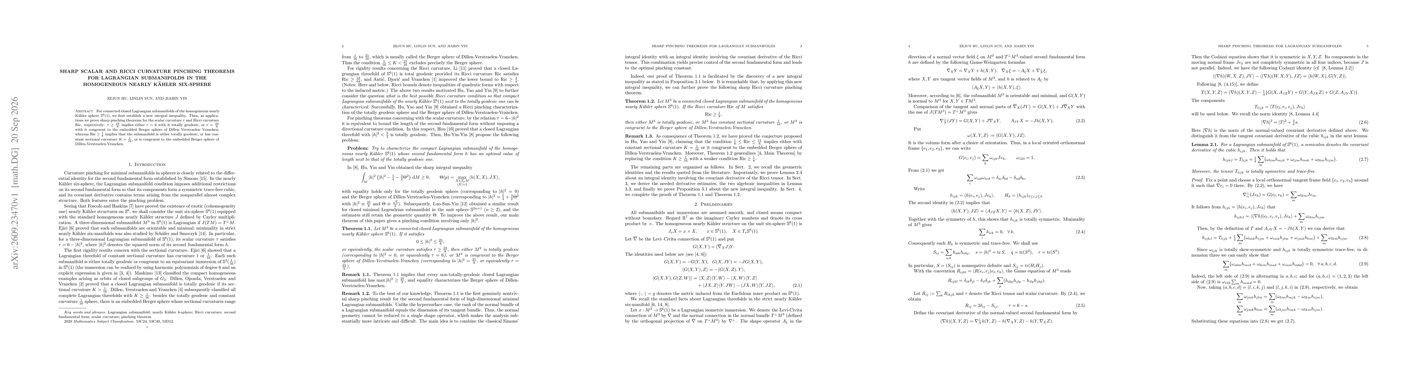 Thumbnail for Sharp scalar and Ricci curvature pinching theorems for Lagrangian submanifolds in the homogeneous nearly Kähler Six-sphere