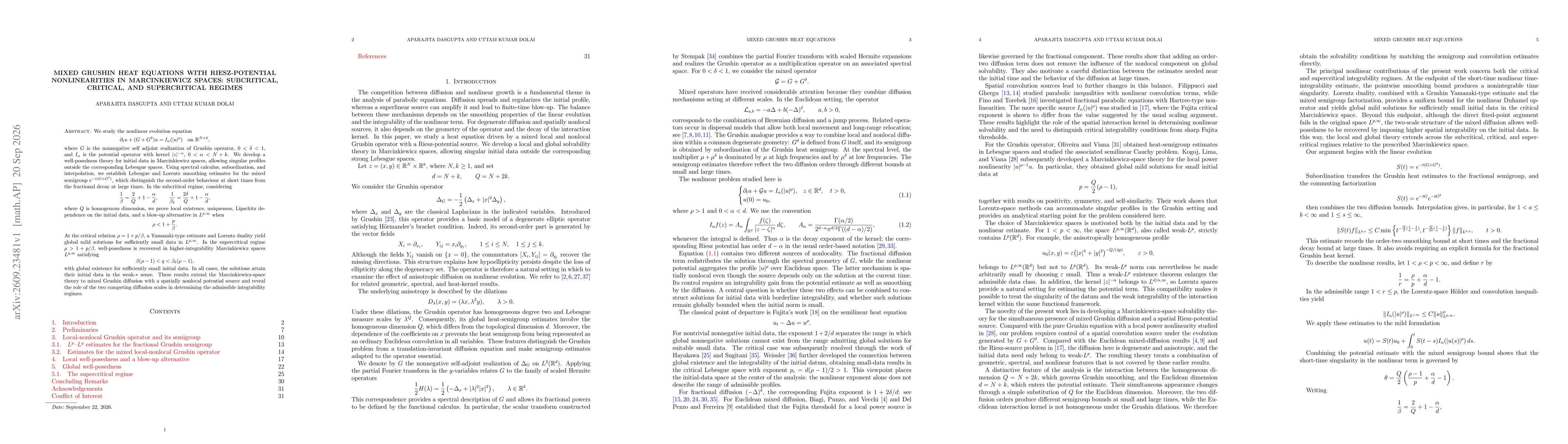 Thumbnail for Mixed Grushin Heat Equations with Riesz-Potential Nonlinearities in Marcinkiewicz Spaces: Subcritical, Critical, and Supercritical Regimes