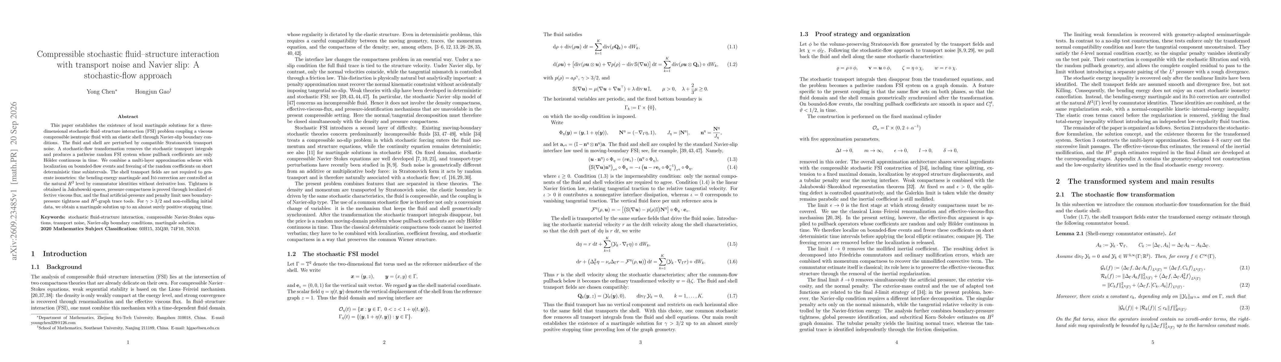 Thumbnail for Compressible stochastic fluid--structure interaction with transport noise and Navier slip: A stochastic-flow approach