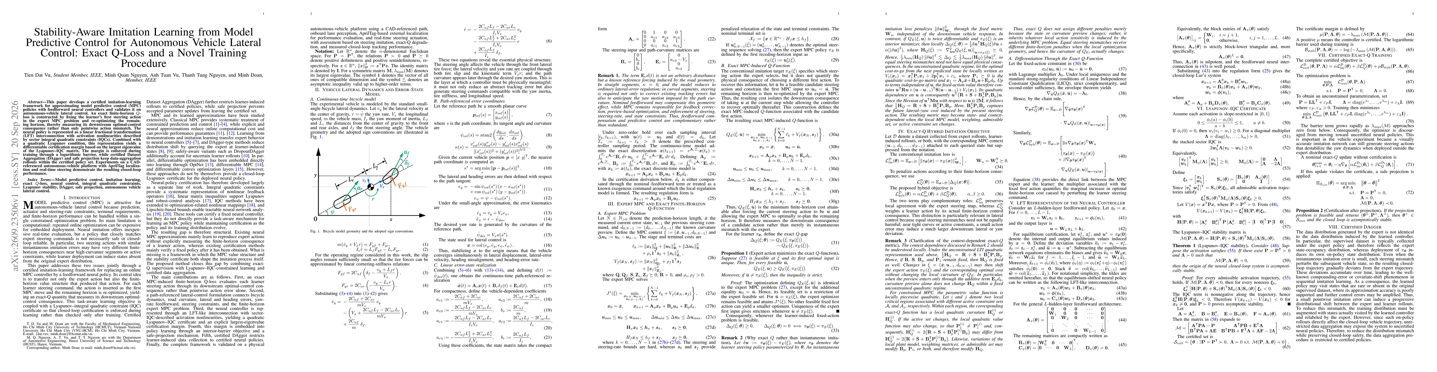 Thumbnail for Stability-Aware Imitation Learning from Model Predictive Control for Autonomous Vehicle Lateral Control: Exact Q-Loss and a Novel Training Procedure