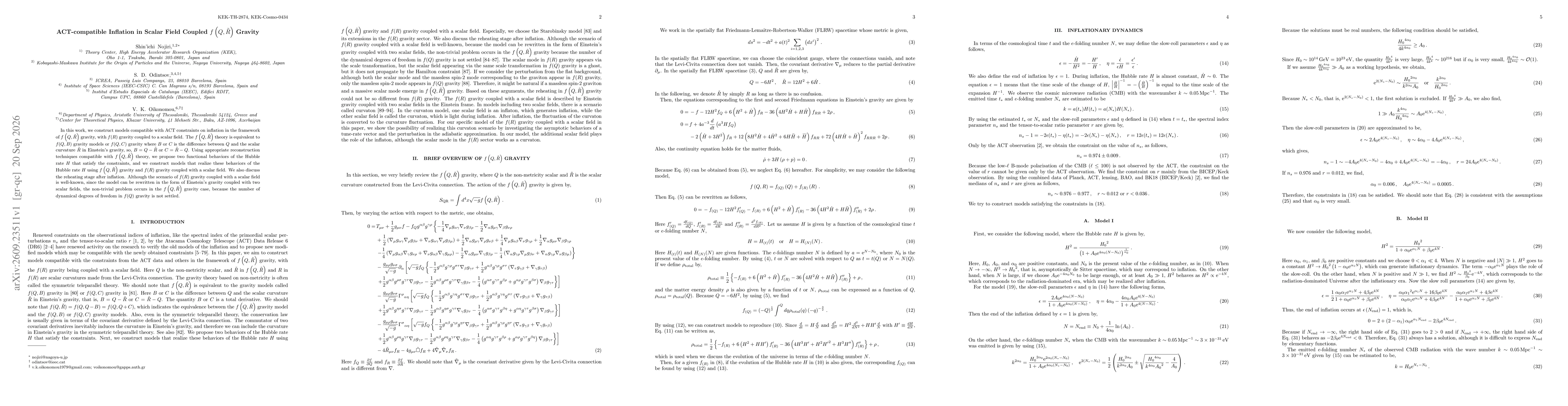 Thumbnail for ACT-compatible Inflation in Scalar Field Coupled $f\left(Q, \tilde R\right)$ Gravity