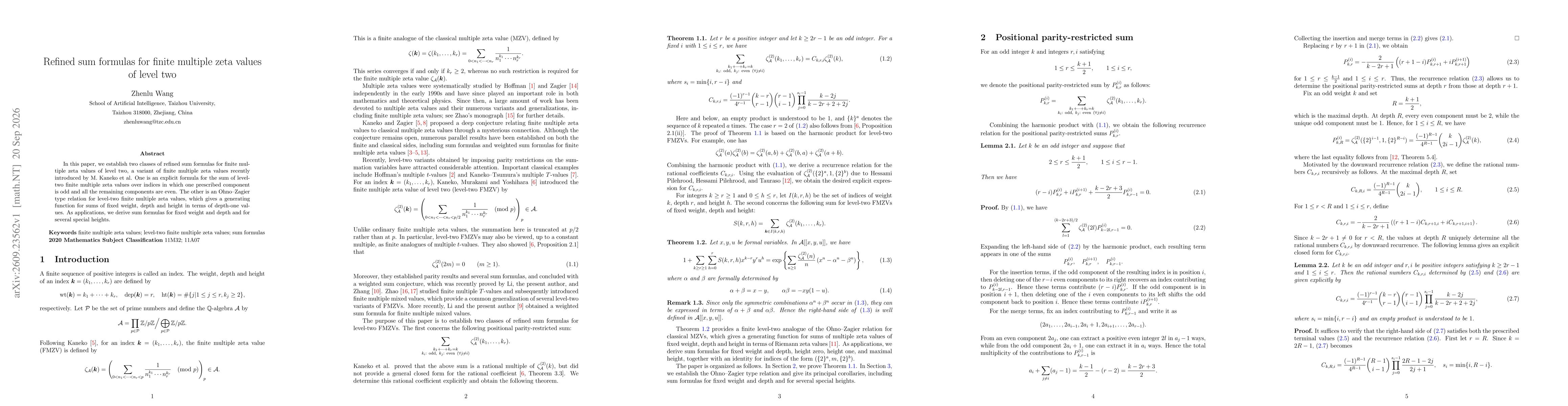 Thumbnail for Refined sum formulas for finite multiple zeta values of level two