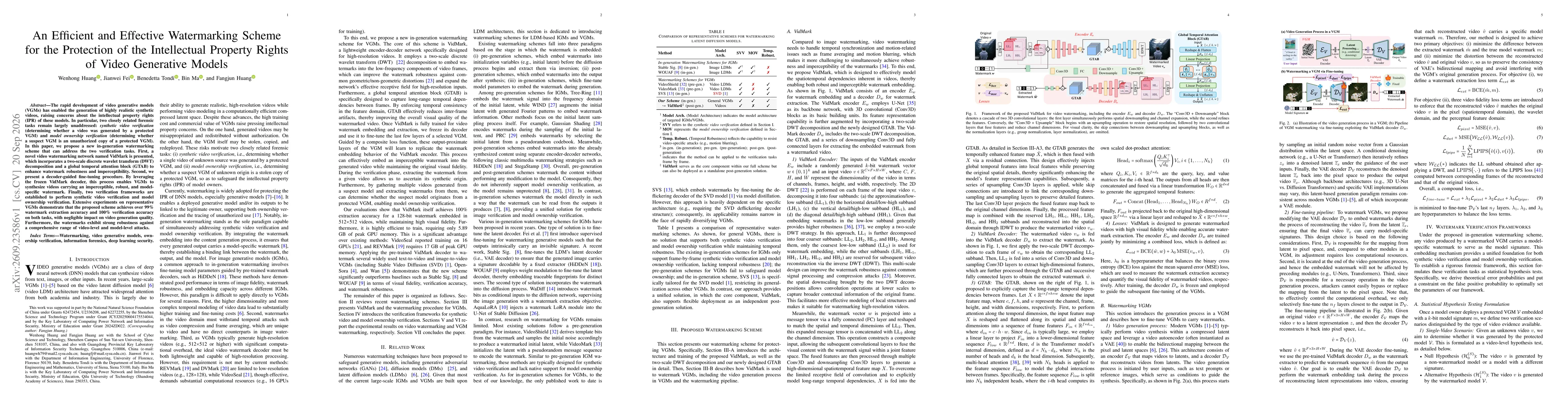Thumbnail for An Efficient and Effective Watermarking Scheme for the Protection of the Intellectual Property Rights of Video Generative Models