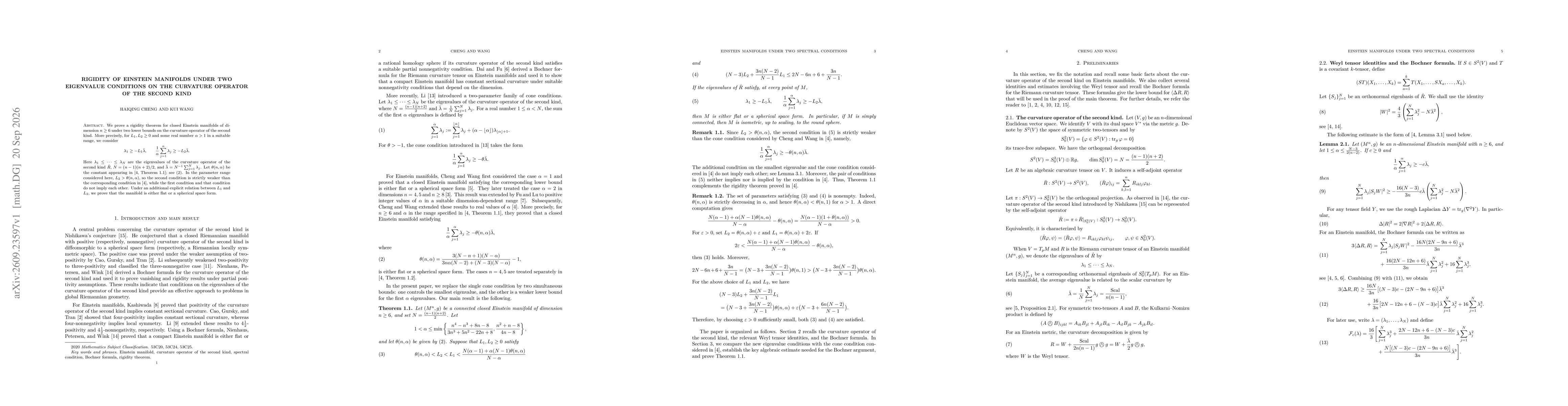 Thumbnail for Rigidity of Einstein Manifolds under Two Eigenvalue Conditions on the Curvature Operator of the Second Kind