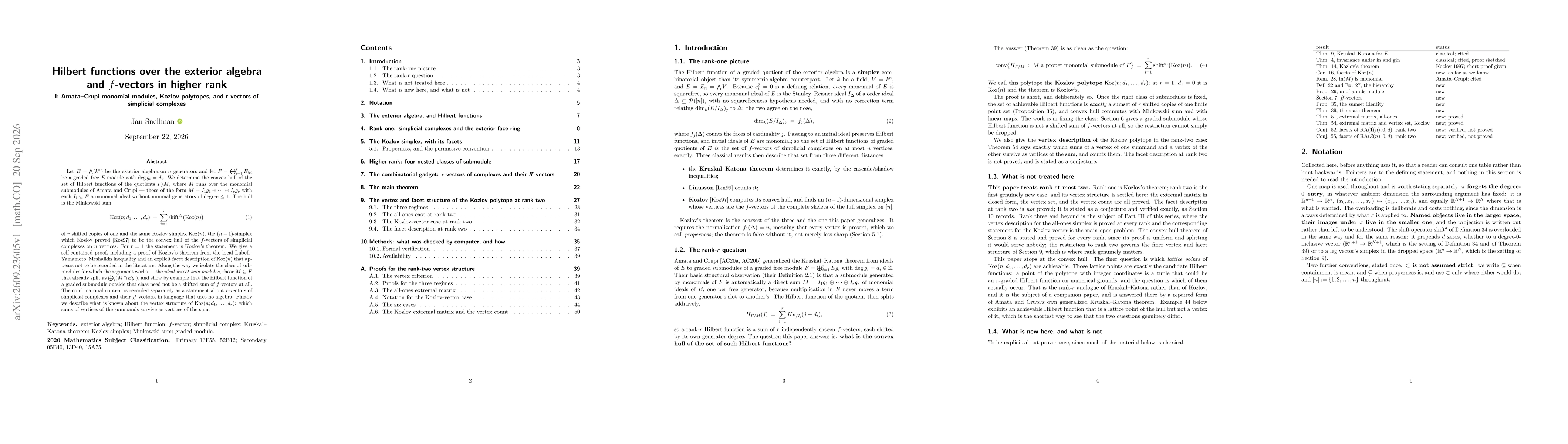 Thumbnail for Hilbert functions over the exterior algebra and f-vectors in higher rank I: Amata-Crupi monomial modules, Kozlov polytopes, and r-vectors of simplicial complexes
