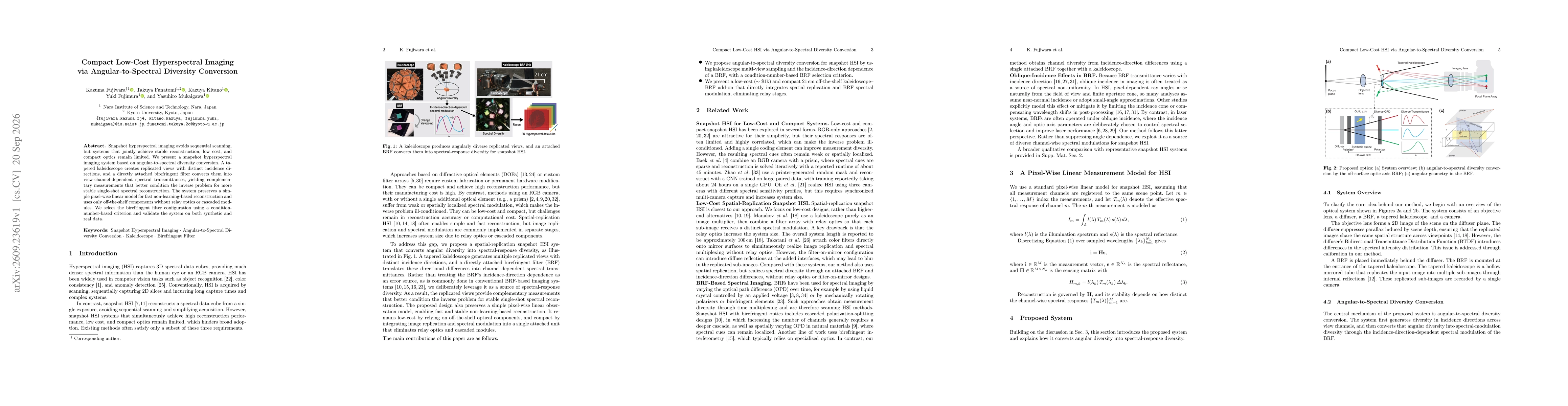 Thumbnail for Compact Low-Cost Hyperspectral Imaging via Angular-to-Spectral Diversity Conversion