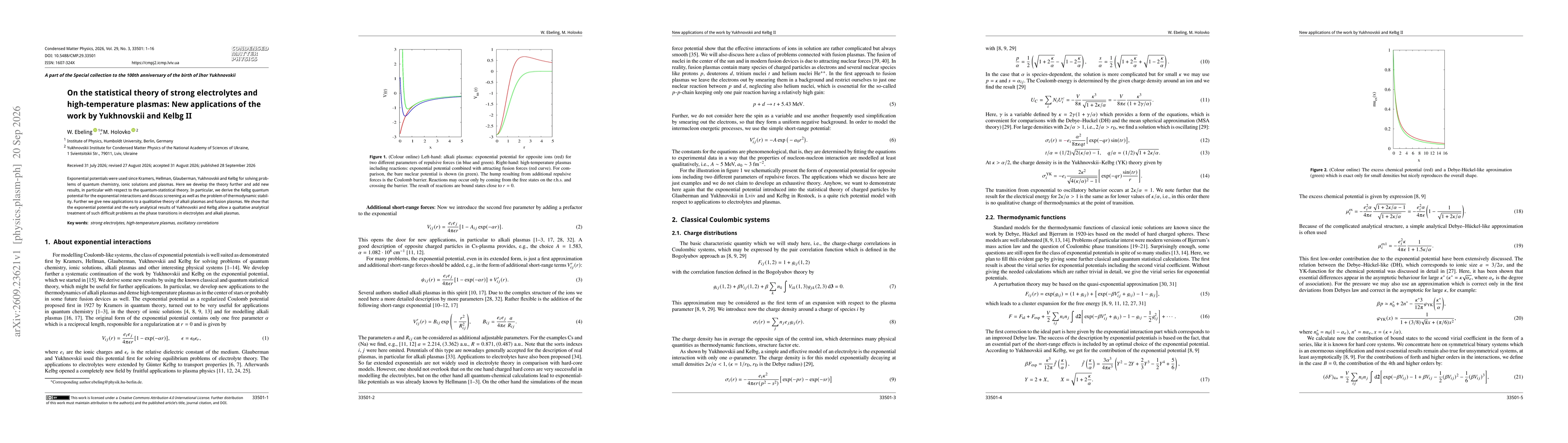 Thumbnail for On the statistical theory of strong electrolytes and high-temperature plasmas: New applications of the work by Yukhnovskii and Kelbg II