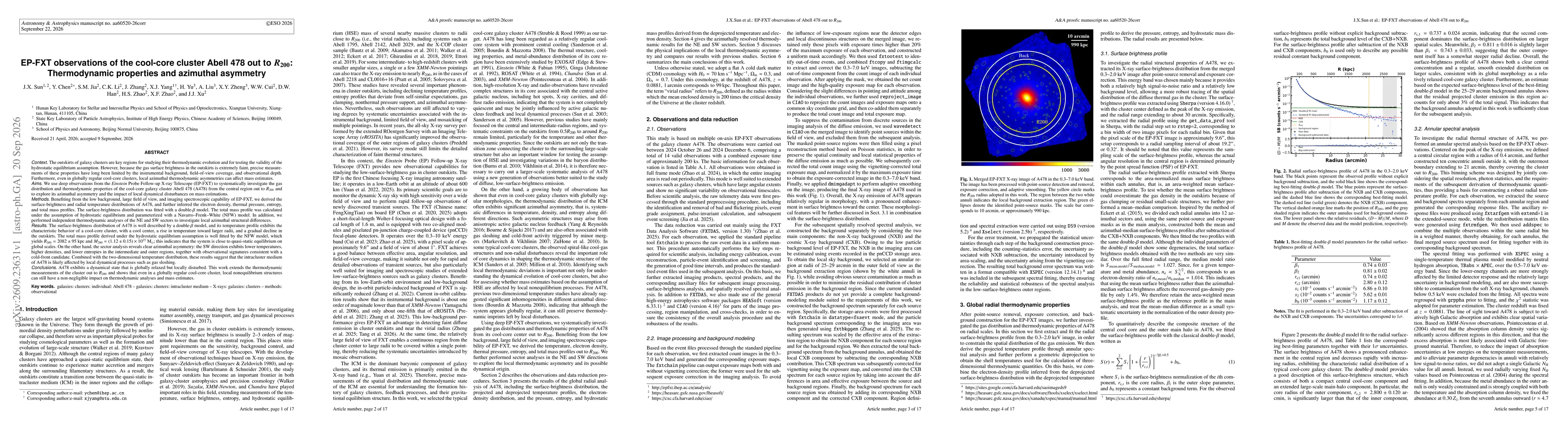 Thumbnail for EP-FXT observations of the cool-core cluster Abell 478 out to R200: Thermodynamic properties and azimuthal asymmetry