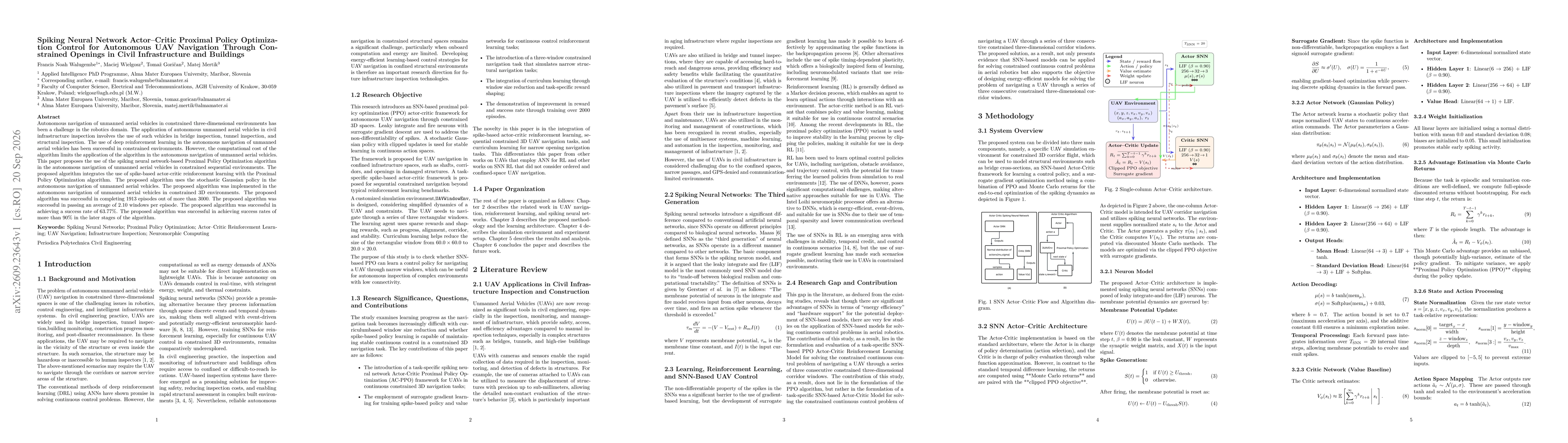 Thumbnail for Spiking Neural Network Actor-Critic Proximal Policy Optimization Control for Autonomous UAV Navigation Through Constrained Openings in Civil Infrastructure and Buildings