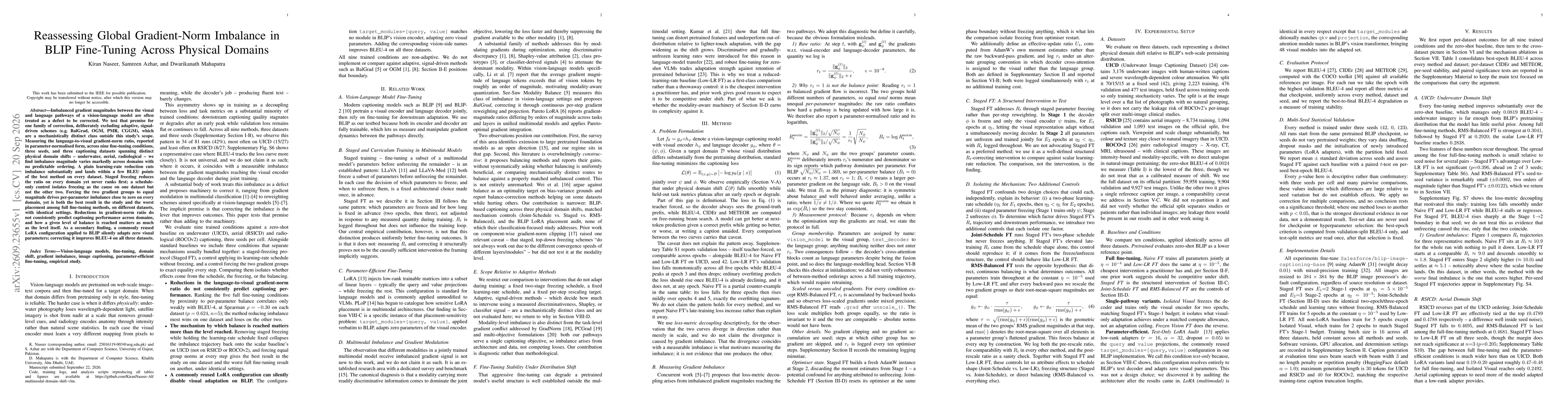 Thumbnail for Reassessing Global Gradient-Norm Imbalance in BLIP Fine-Tuning Across Physical Domains