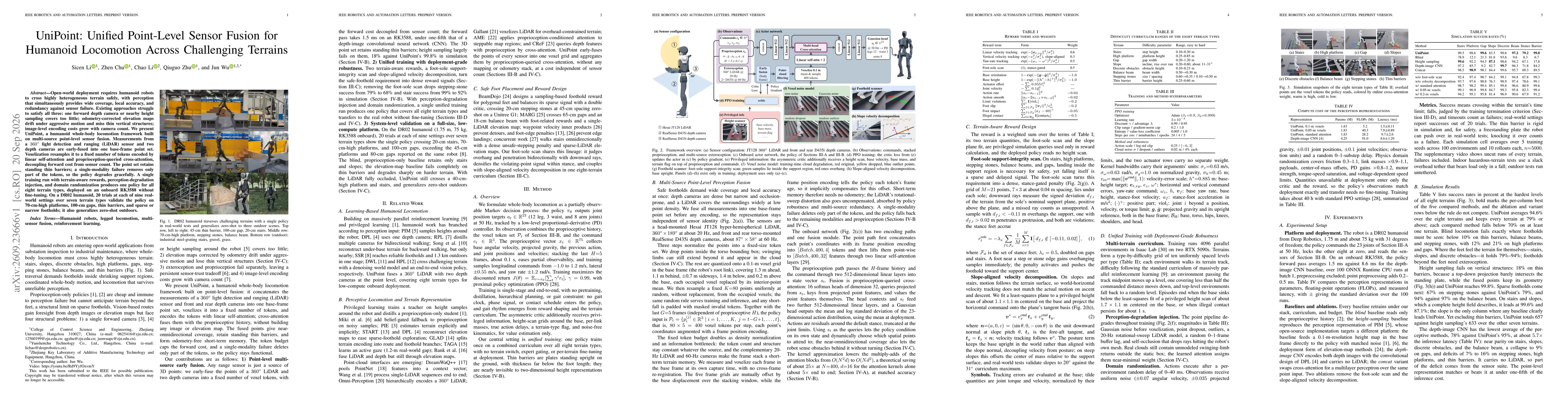 Thumbnail for UniPoint: Unified Point-Level Sensor Fusion for Humanoid Locomotion Across Challenging Terrains