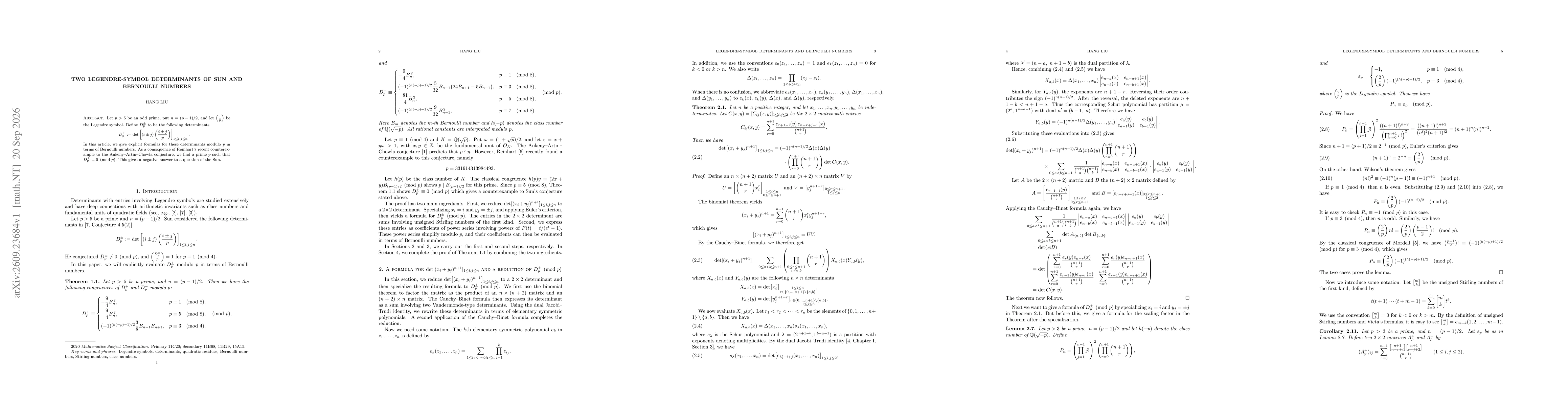 Thumbnail for Two Legendre-symbol determinants of Sun and Bernoulli numbers