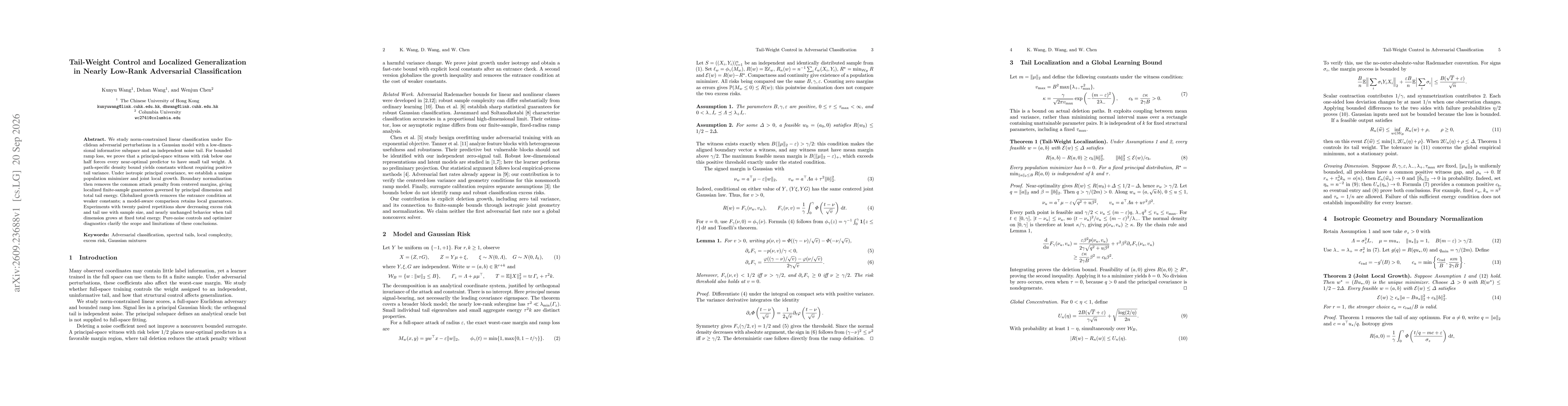 Thumbnail for Tail-Weight Control and Localized Generalization in Nearly Low-Rank Adversarial Classification