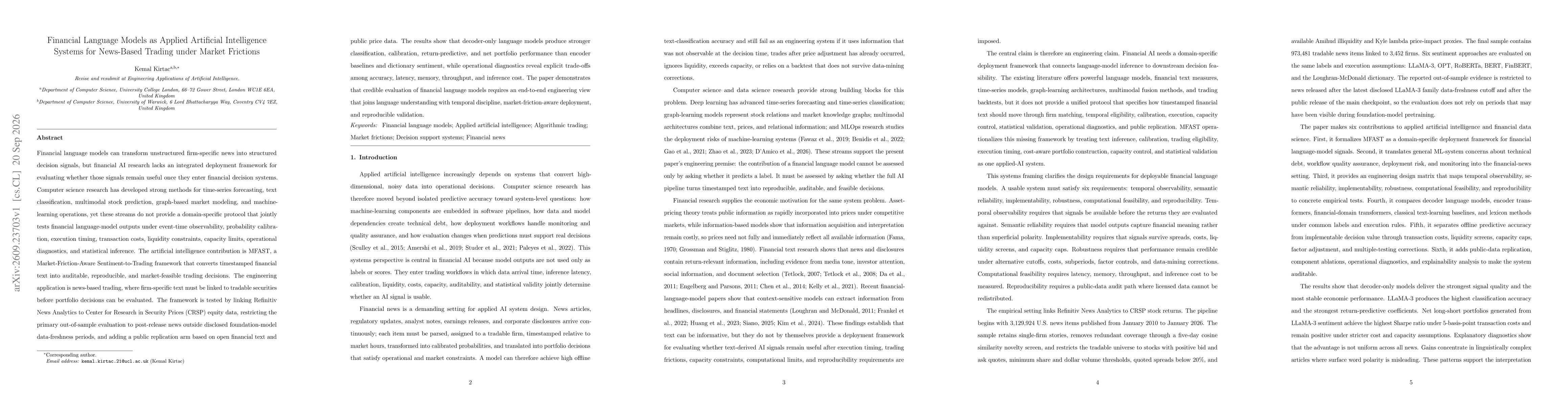 Thumbnail for Financial Language Models as Applied Artificial Intelligence Systems for News-Based Trading under Market Frictions