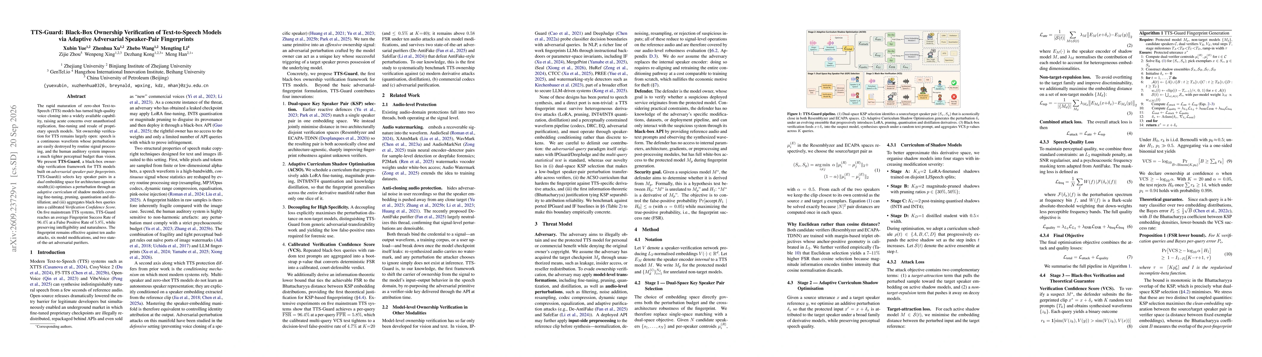 Thumbnail for TTS-Guard: Black-Box Ownership Verification of Text-to-Speech Models via Adaptive Adversarial Speaker-Pair Fingerprints