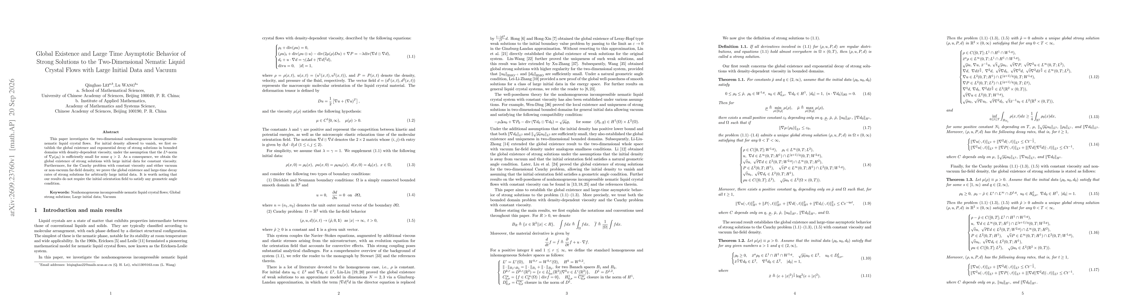 Thumbnail for Global Existence and Large Time Asymptotic Behavior of Strong Solutions to the Two-Dimensional Nematic Liquid Crystal Flows with Large Initial Data and Vacuum
