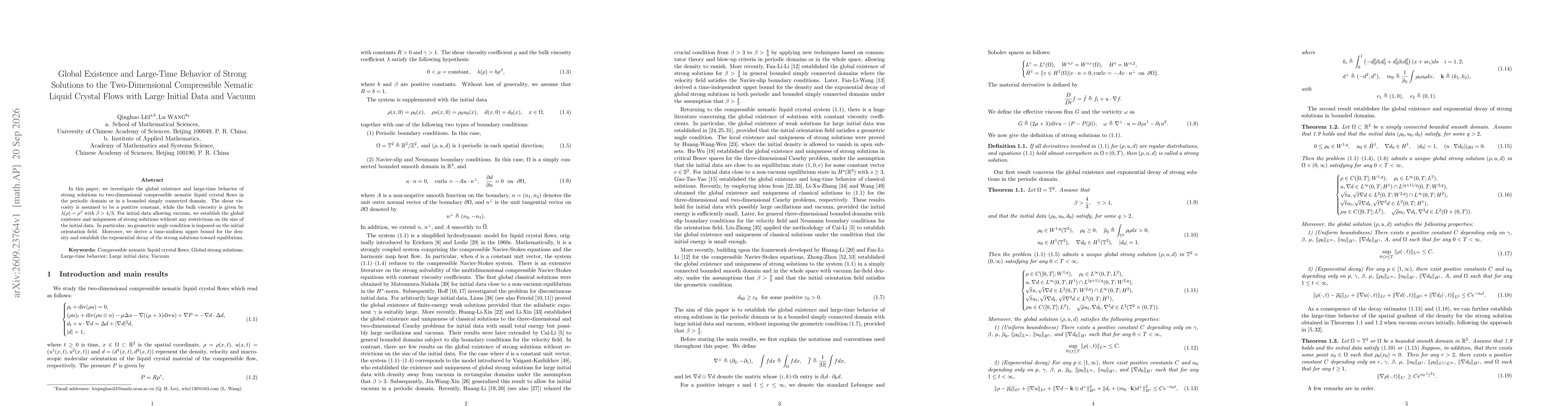 Thumbnail for Global Existence and Large-Time Behavior of Strong Solutions to the Two-Dimensional Compressible Nematic Liquid Crystal Flows with Large Initial Data and Vacuum