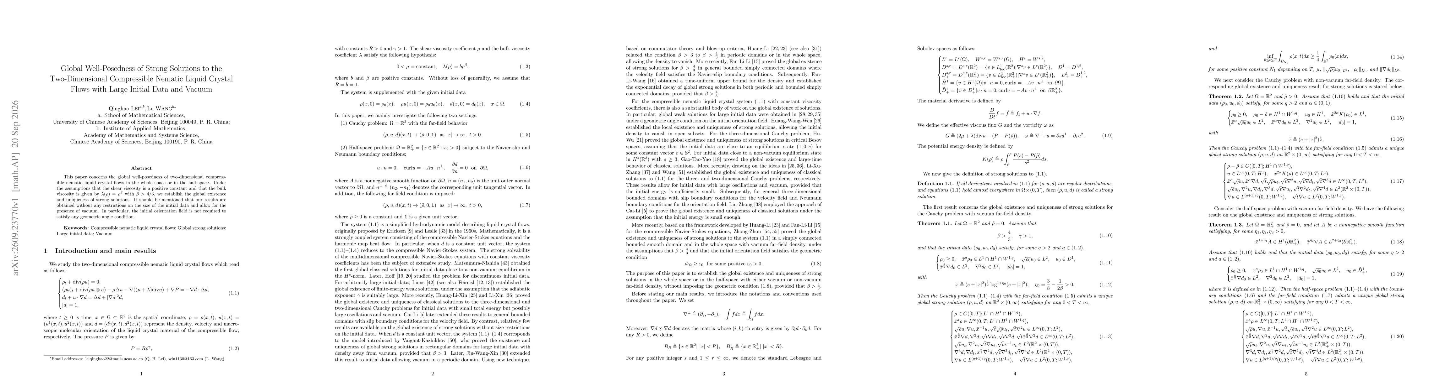Thumbnail for Global Well-Posedness of Strong Solutions to the Two-Dimensional Compressible Nematic Liquid Crystal Flows with Large Initial Data and Vacuum