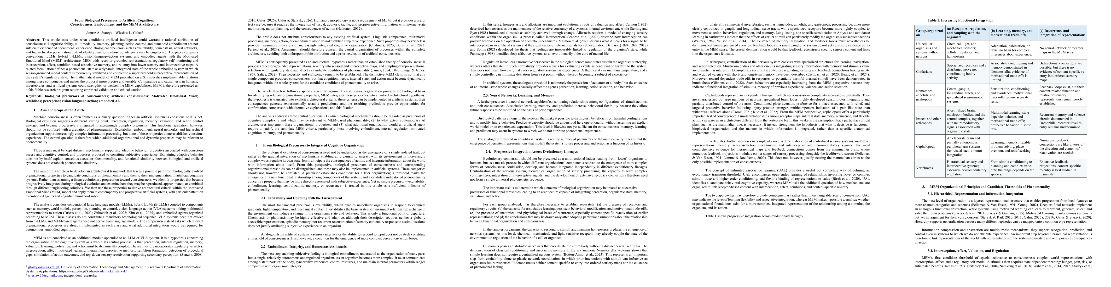 Thumbnail for From Biological Precursors to Artificial Cognition: Consciousness, Embodiment, and the MEM Architecture