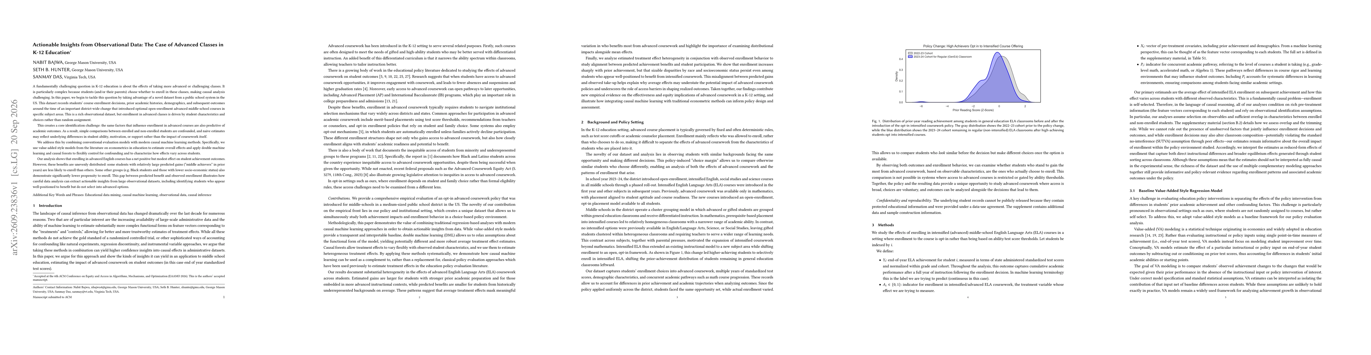 Thumbnail for Actionable Insights from Observational Data: The Case of Advanced Classes in K-12 Education