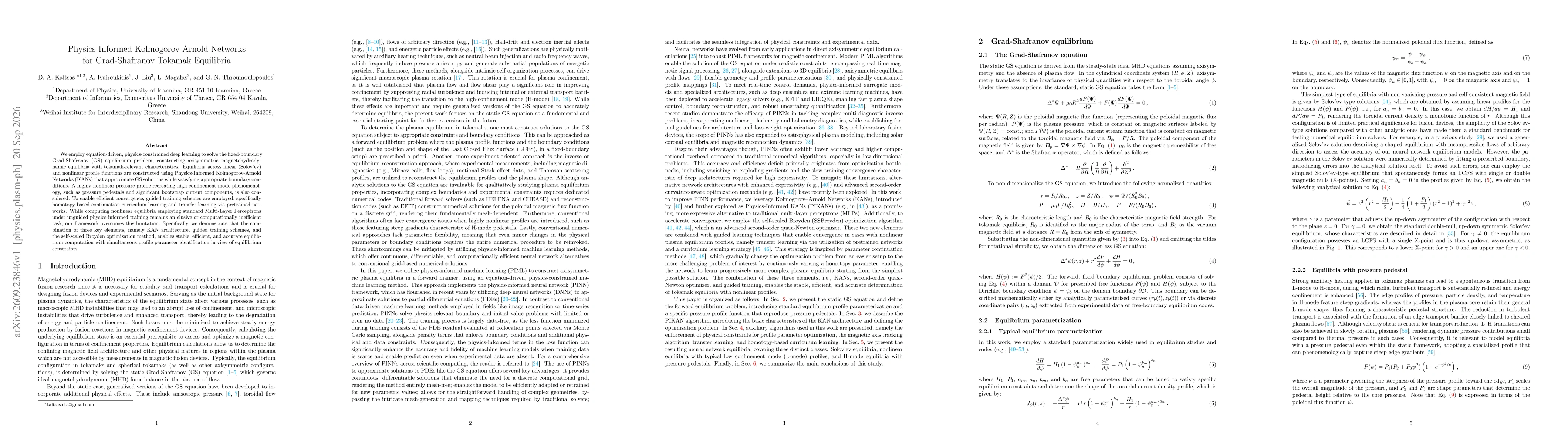 Thumbnail for Physics-Informed Kolmogorov-Arnold Networks for Grad-Shafranov Tokamak Equilibria