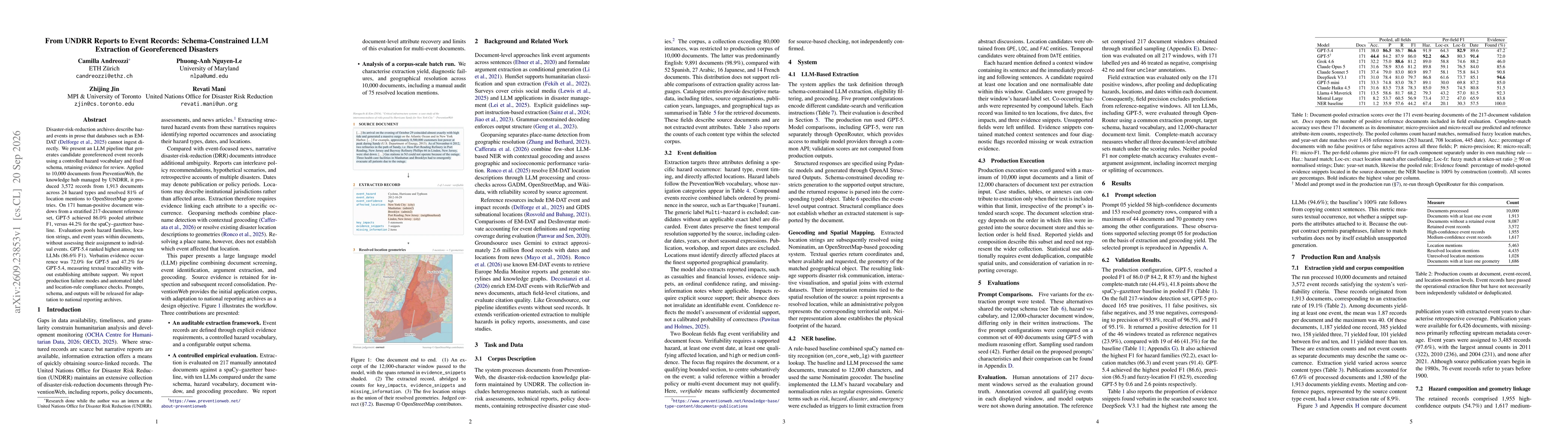 Thumbnail for From UNDRR Reports to Event Records: Schema-Constrained LLM Extraction of Georeferenced Disasters