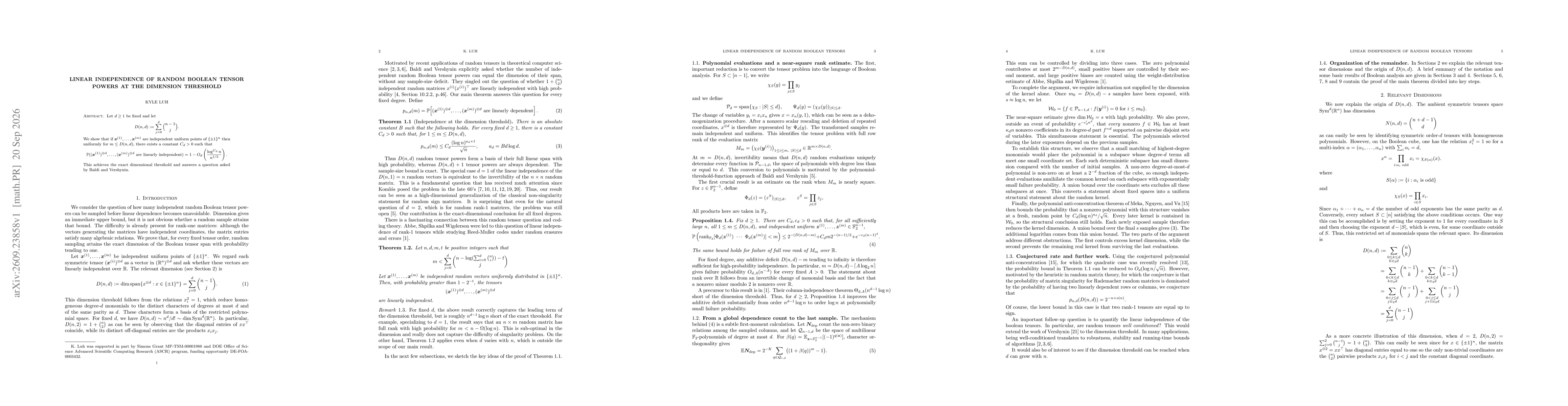 Thumbnail for Linear Independence of Random Boolean Tensor Powers at the Dimension Threshold