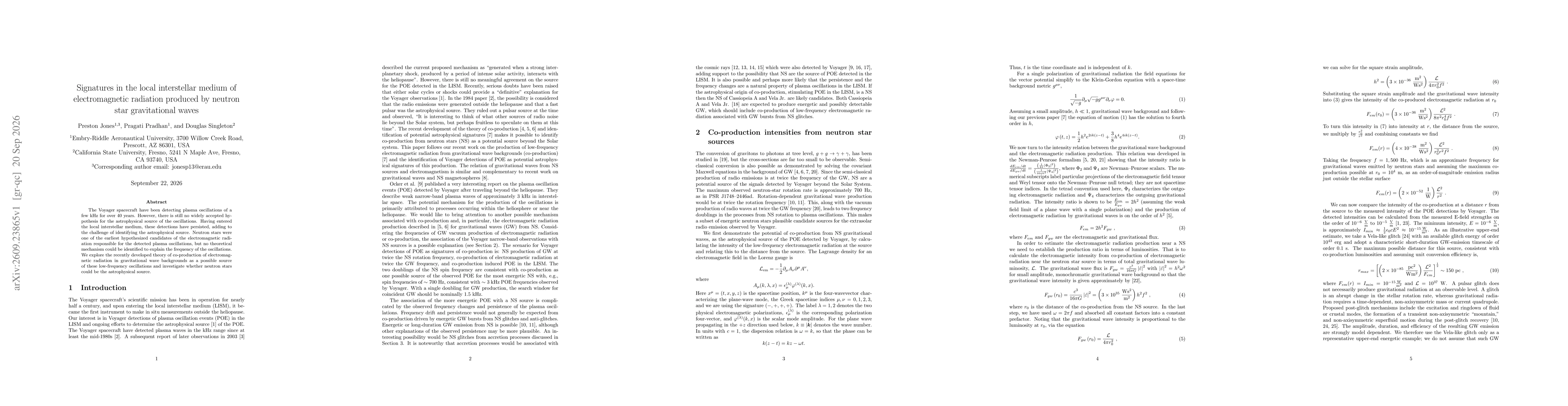 Thumbnail for Signatures in the local interstellar medium of electromagnetic radiation produced by neutron star gravitational waves