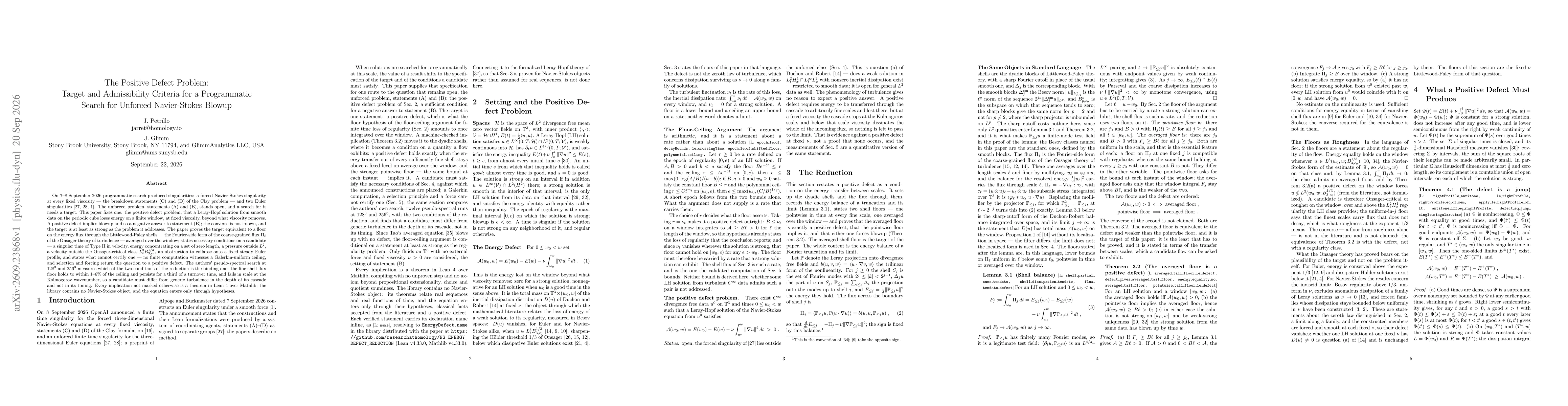 Thumbnail for The Positive Defect Problem: Target and Admissibility Criteria for a Programmatic Search for Unforced Navier-Stokes Blowup