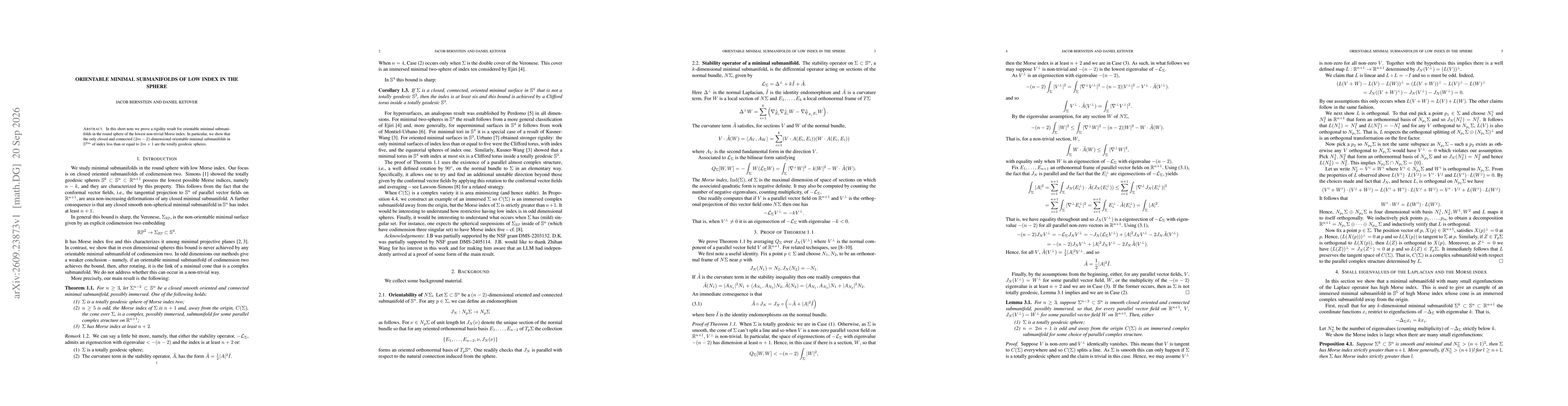 Thumbnail for Orientable minimal submanifolds of low index in the sphere