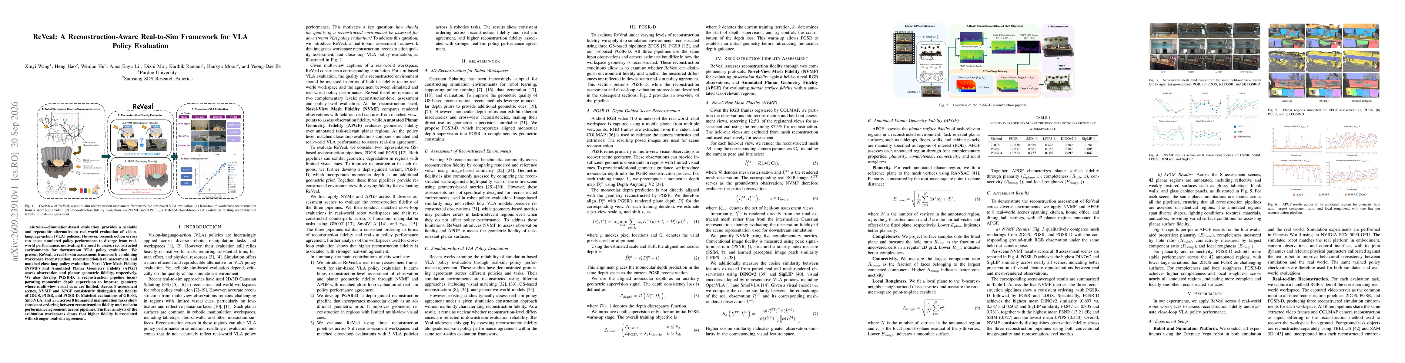 Thumbnail for ReVeal: A Reconstruction-Aware Real-to-Sim Framework for VLA Policy Evaluation