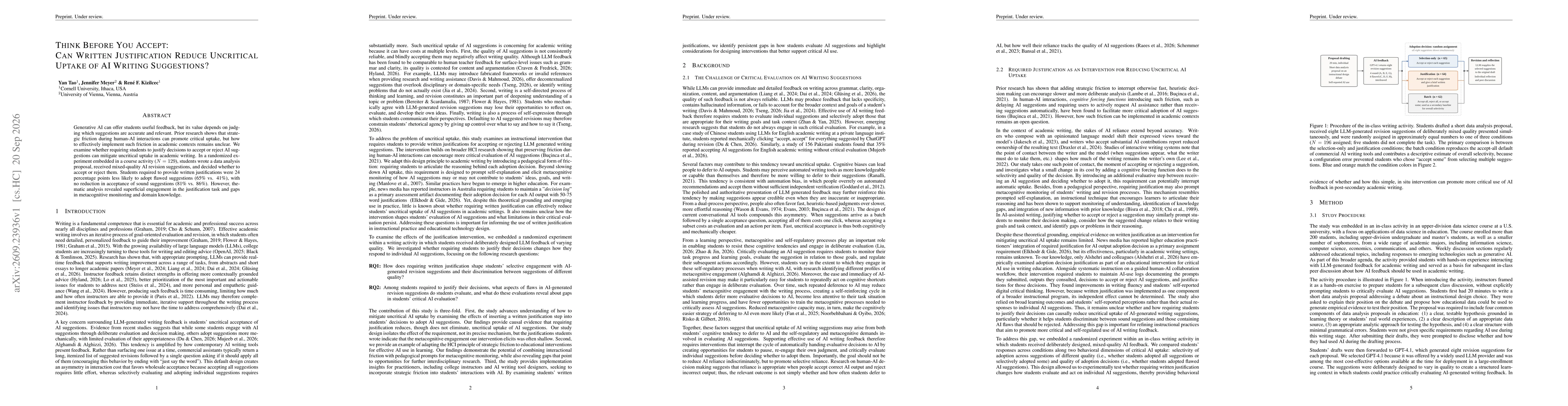 Thumbnail for Think Before You Accept: Can Written Justification Reduce Uncritical Uptake of AI Writing Suggestions?