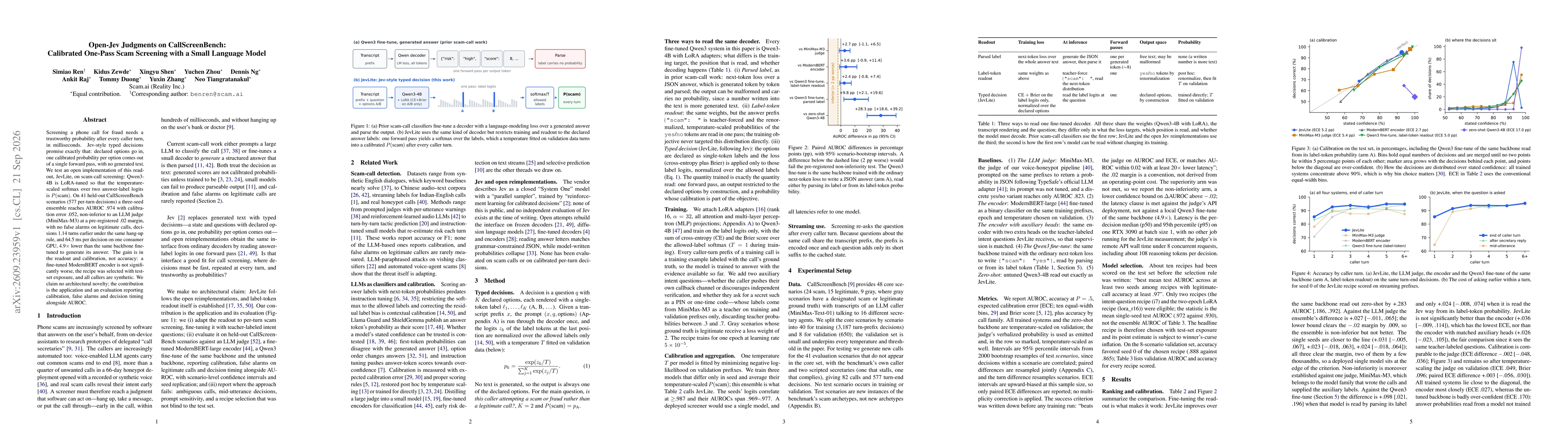 Thumbnail for Open-Jev Judgments on CallScreenBench: Calibrated One-Pass Scam Screening with a Small Language Model