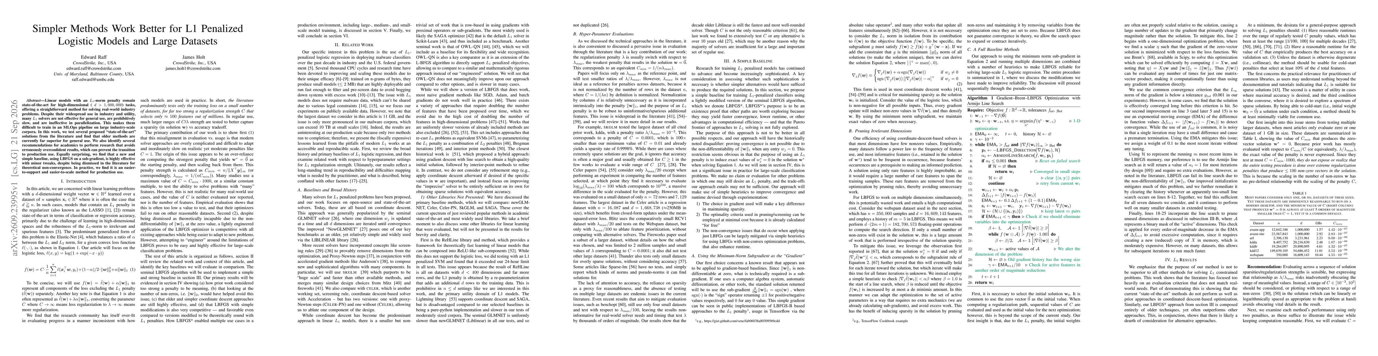 Thumbnail for Simpler Methods Work Better for L1 Penalized Logistic Models and Large Datasets
