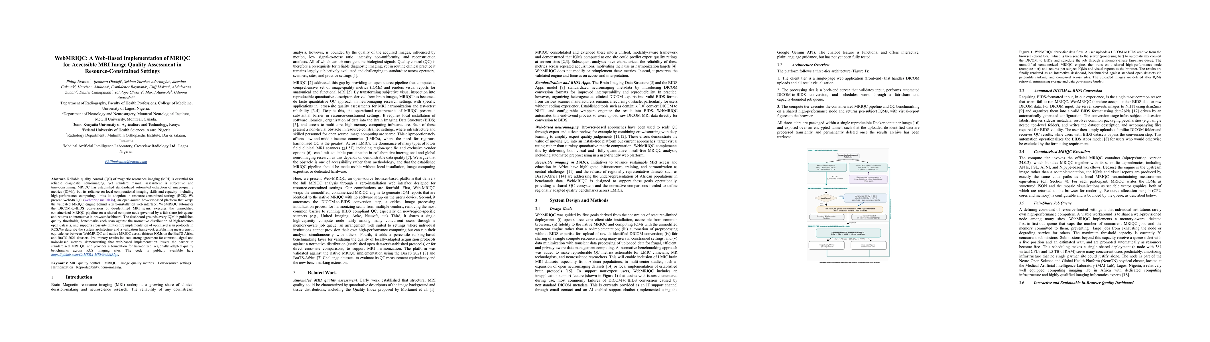 Thumbnail for WebMRIQC: A Web-Based Implementation of MRIQC for Accessible MRI Image Quality Assessment in Resource-Constrained Settings