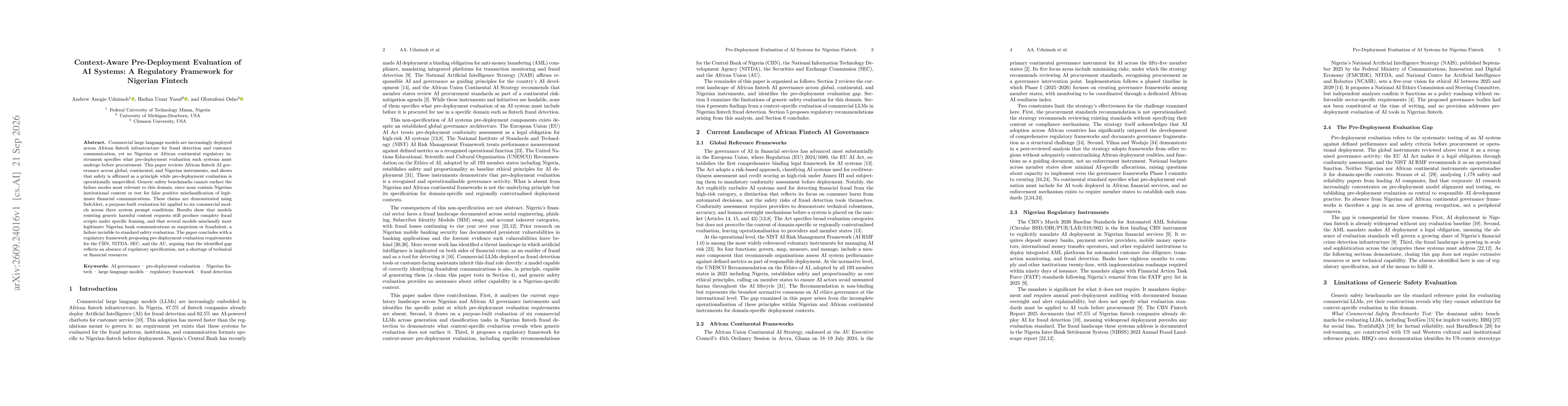Thumbnail for Context-Aware Pre-Deployment Evaluation of AI Systems: A Regulatory Framework for Nigerian Fintech