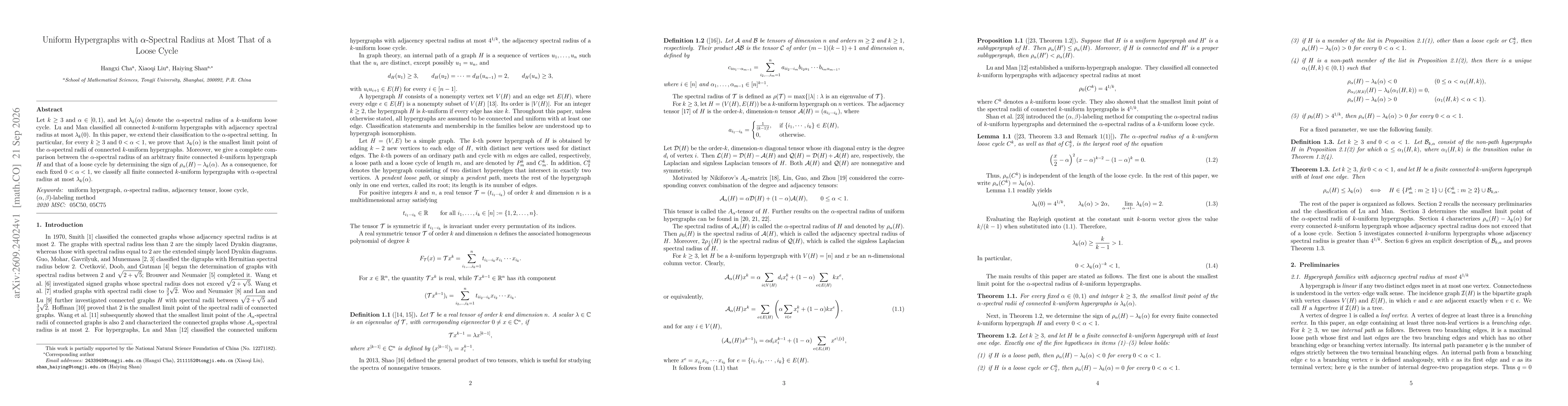 Thumbnail for Uniform Hypergraphs with $α$-Spectral Radius at Most That of a Loose Cycle
