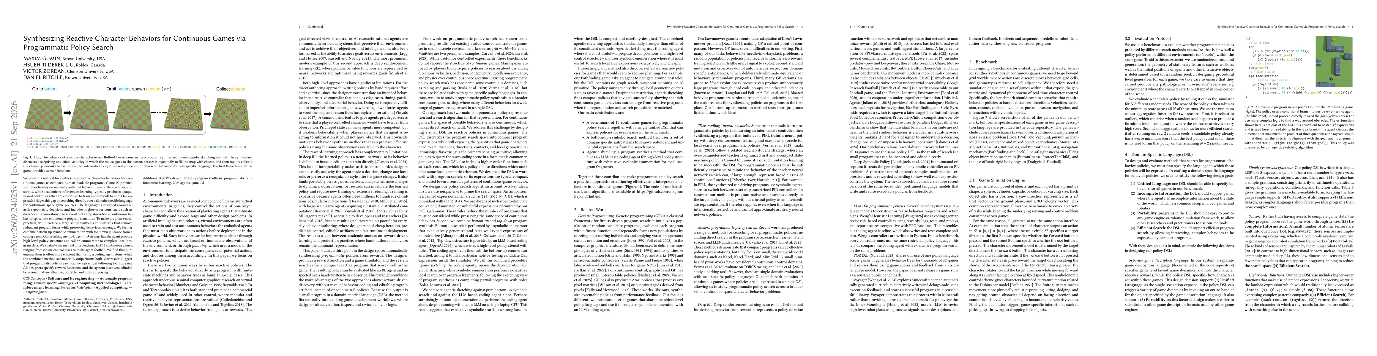 Thumbnail for Synthesizing Reactive Character Behaviors for Continuous Games via Programmatic Policy Search