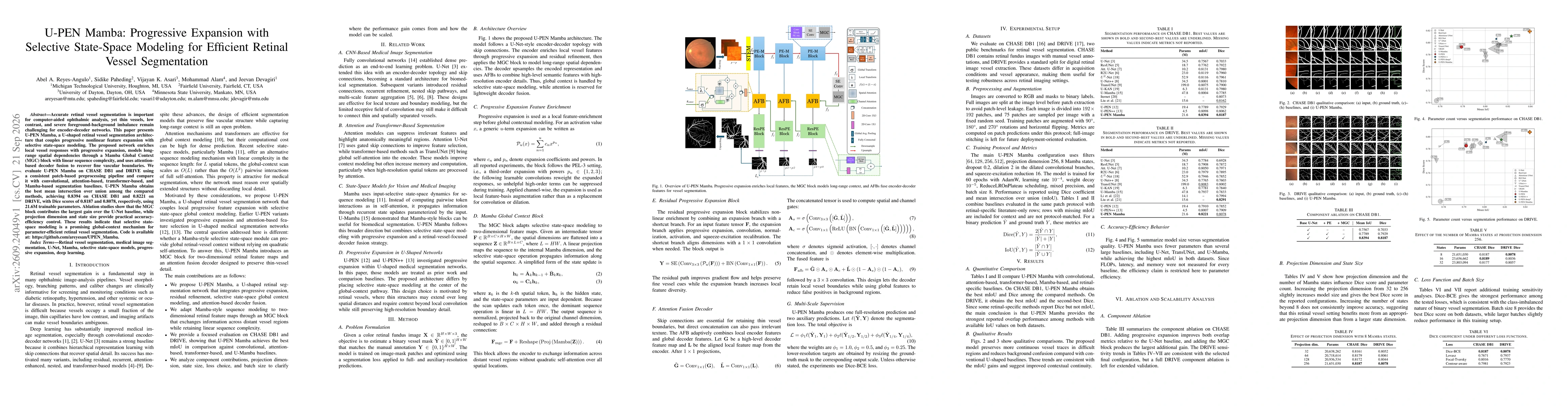 Thumbnail for U-PEN Mamba: Progressive Expansion with Selective State-Space Modeling for Efficient Retinal Vessel Segmentation