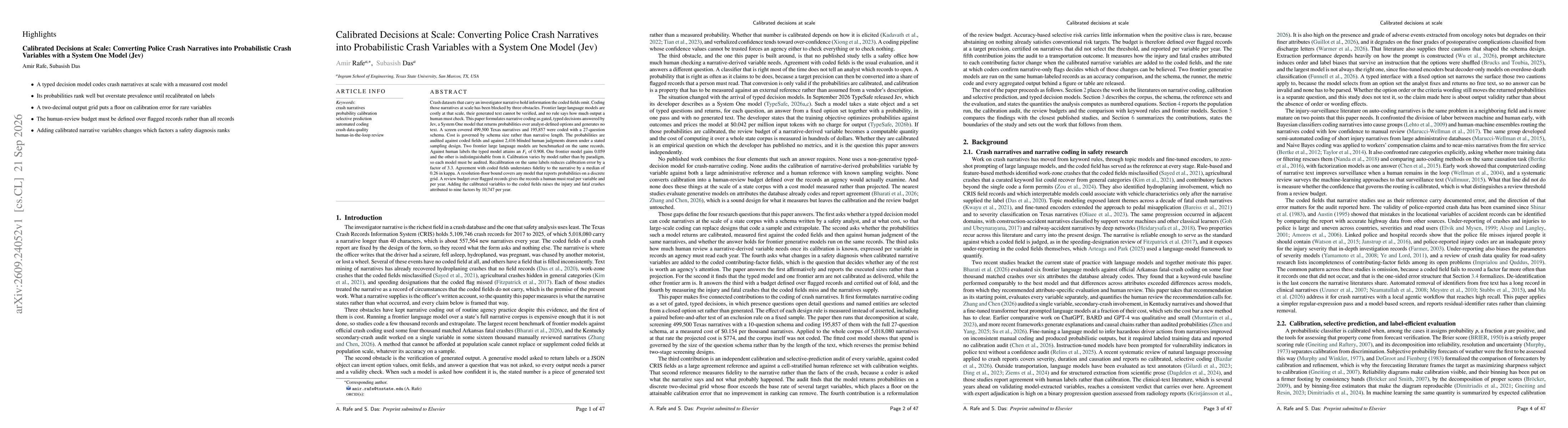 Thumbnail for Calibrated Decisions at Scale: Converting Police Crash Narratives into Probabilistic Crash Variables with a System One Model (Jev)