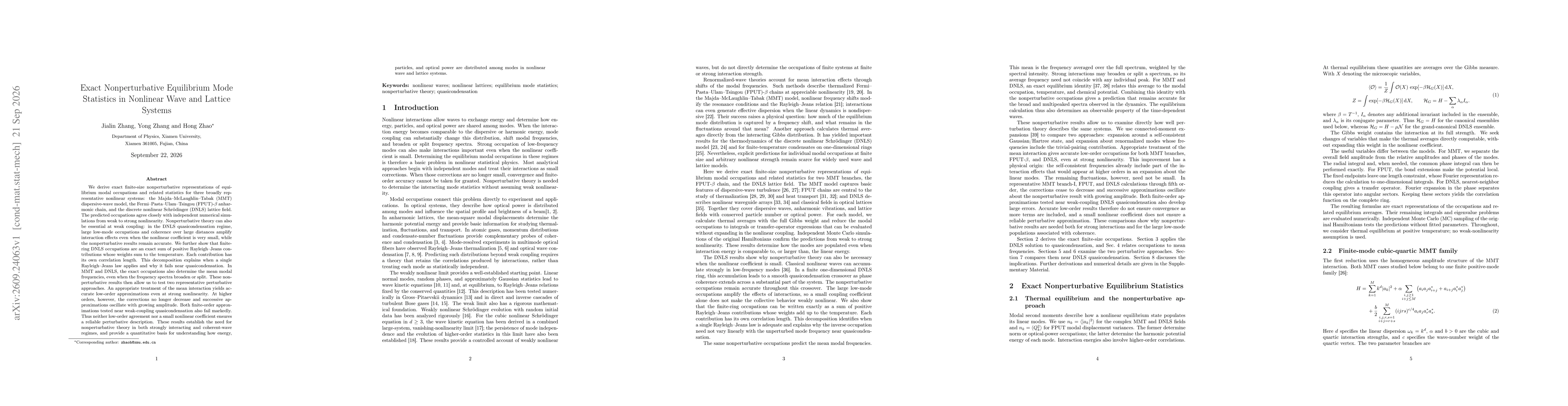Thumbnail for Exact Nonperturbative Equilibrium Mode Statistics in Nonlinear Wave and Lattice Systems