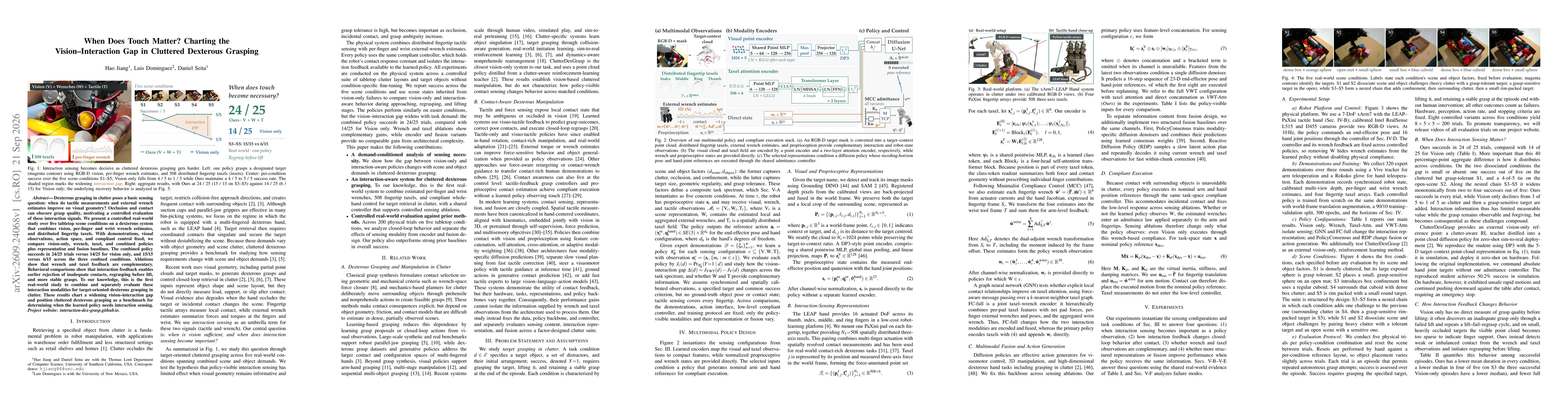 Thumbnail for When Does Touch Matter? Charting the Vision-Interaction Gap in Cluttered Dexterous Grasping