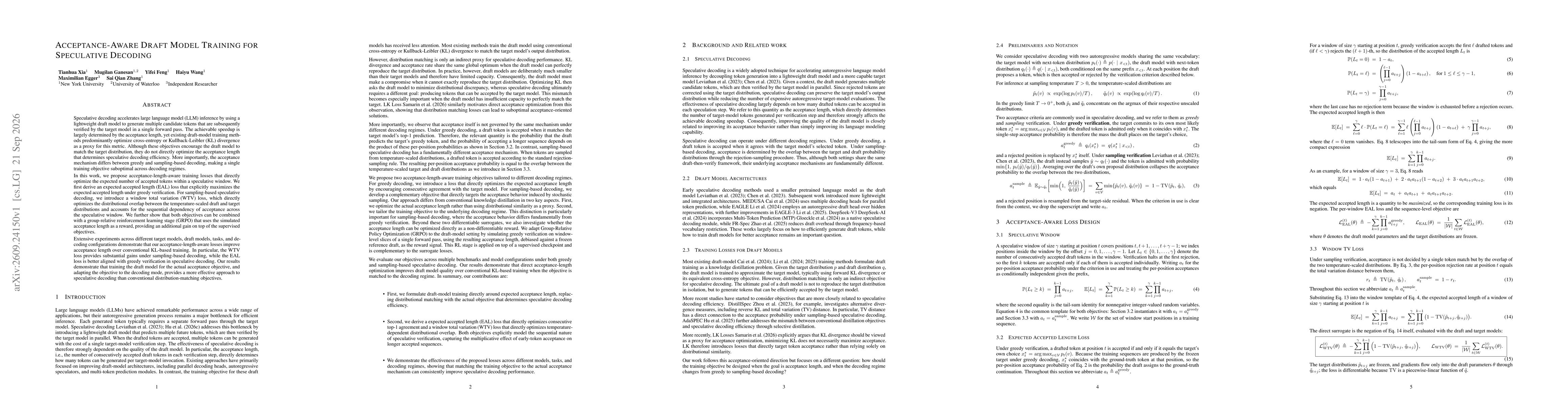 Thumbnail for Acceptance-Aware Draft Model Training for Speculative Decoding