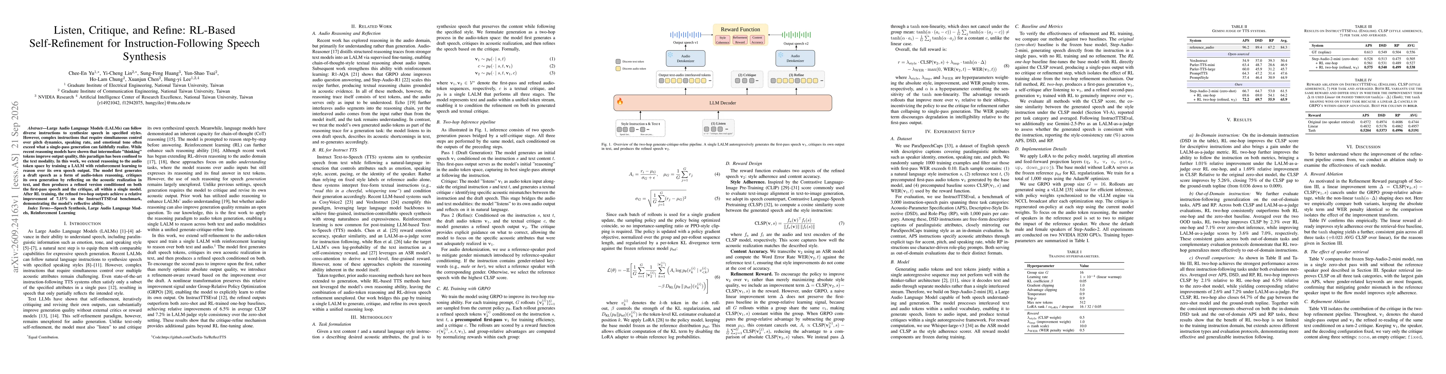 Thumbnail for Listen, Critique, and Refine: RL-Based Self-Refinement for Instruction-Following Speech Synthesis